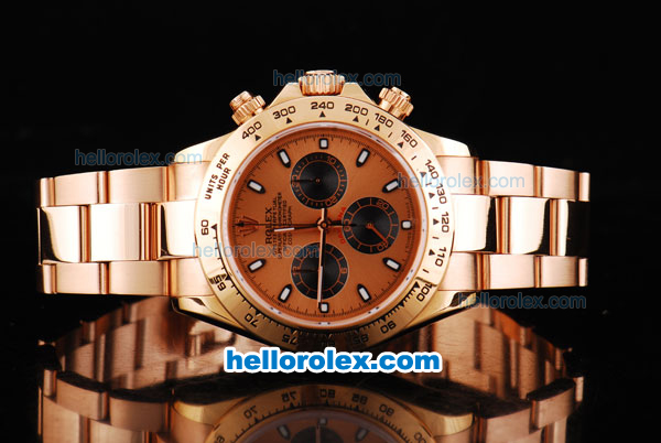 Rolex Daytona Oyster Perpetual Swiss Valjoux 7750 Automatic Movement Full Rose Gold with Rose Gold Dial-White Stick Markers and Black Subdials - Click Image to Close